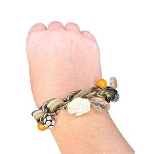 Nordstrom brass chain, ribbon, and charm clasp bracelet